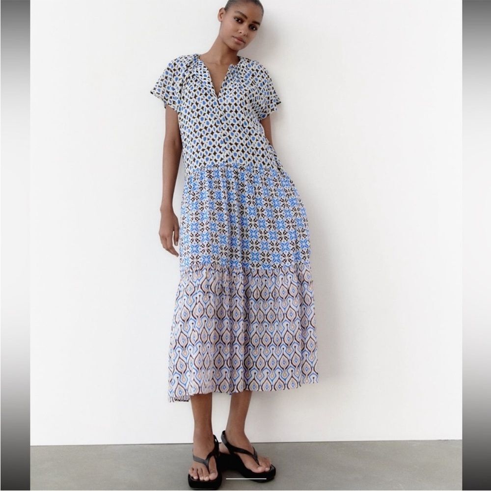 Zara Blue Patterened Patchwork Cotton Blend Tiered Midi Dress Size Medium